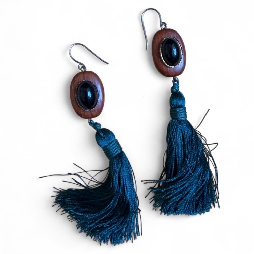 Green Tassel Earrings with Wood Accents